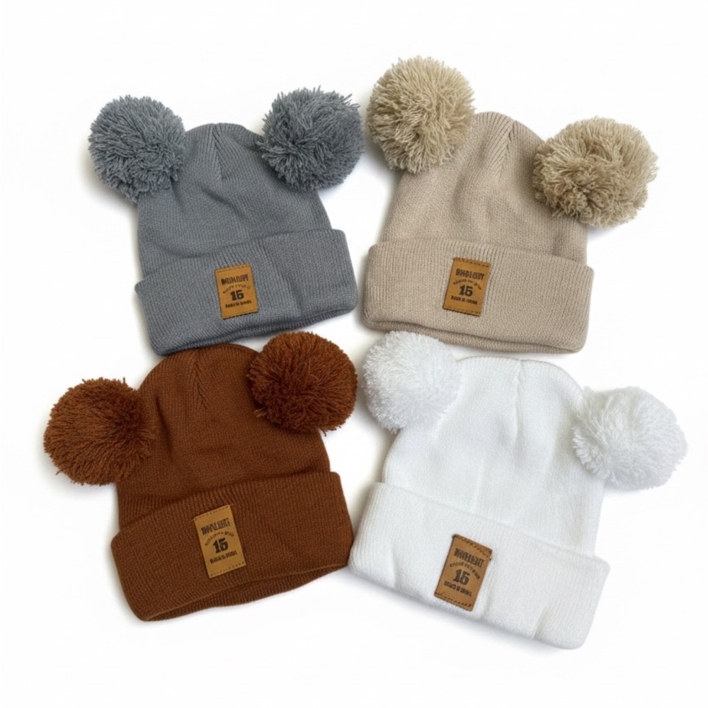 4pc Baby Winter Beanie Set Double Pom Pom Knit Hats Grey Brown Tan White Winter